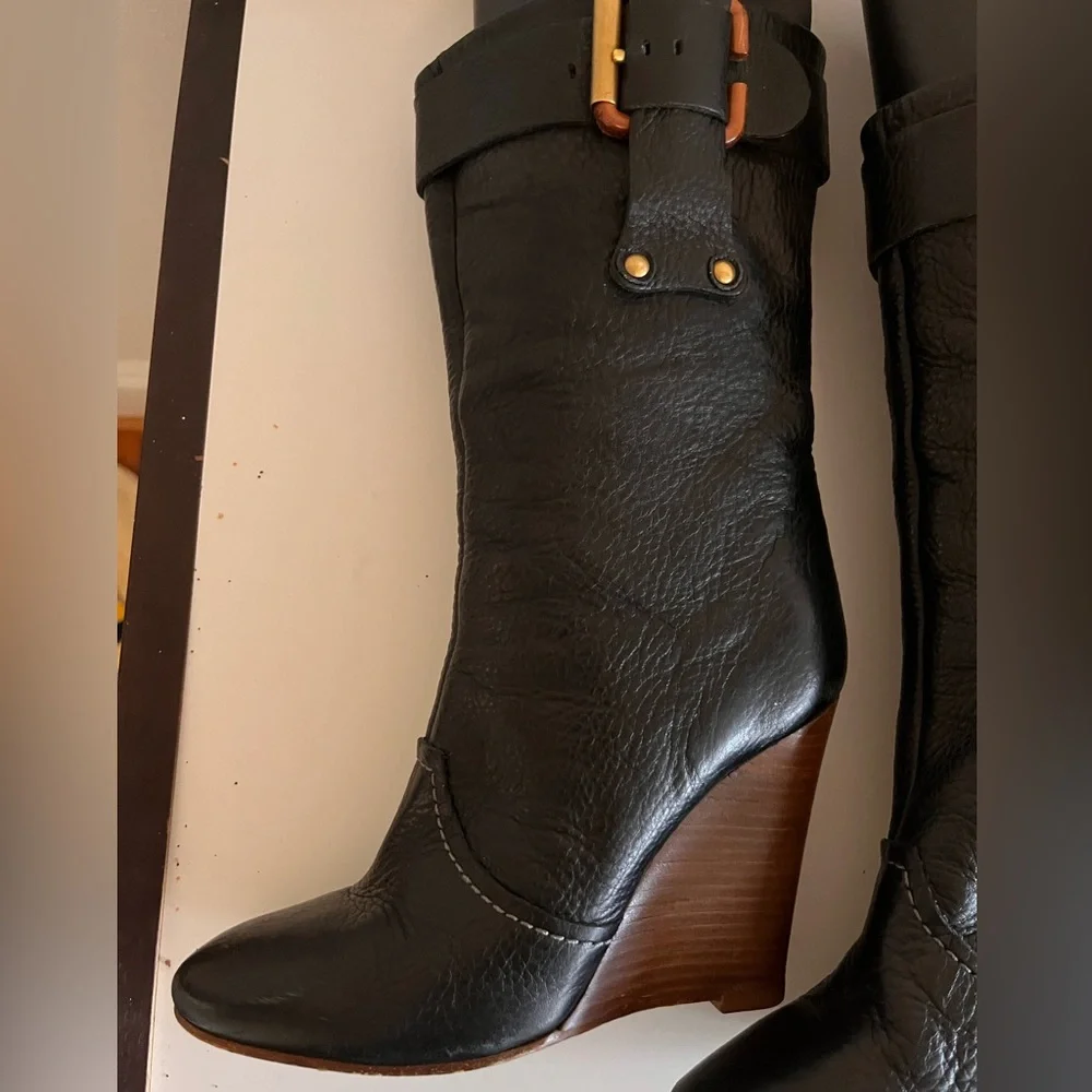 Chloe Black Leather Wedge Heel Mid-calf Boot w Buckle Detail; Size 36 - Picture 3 of 5
